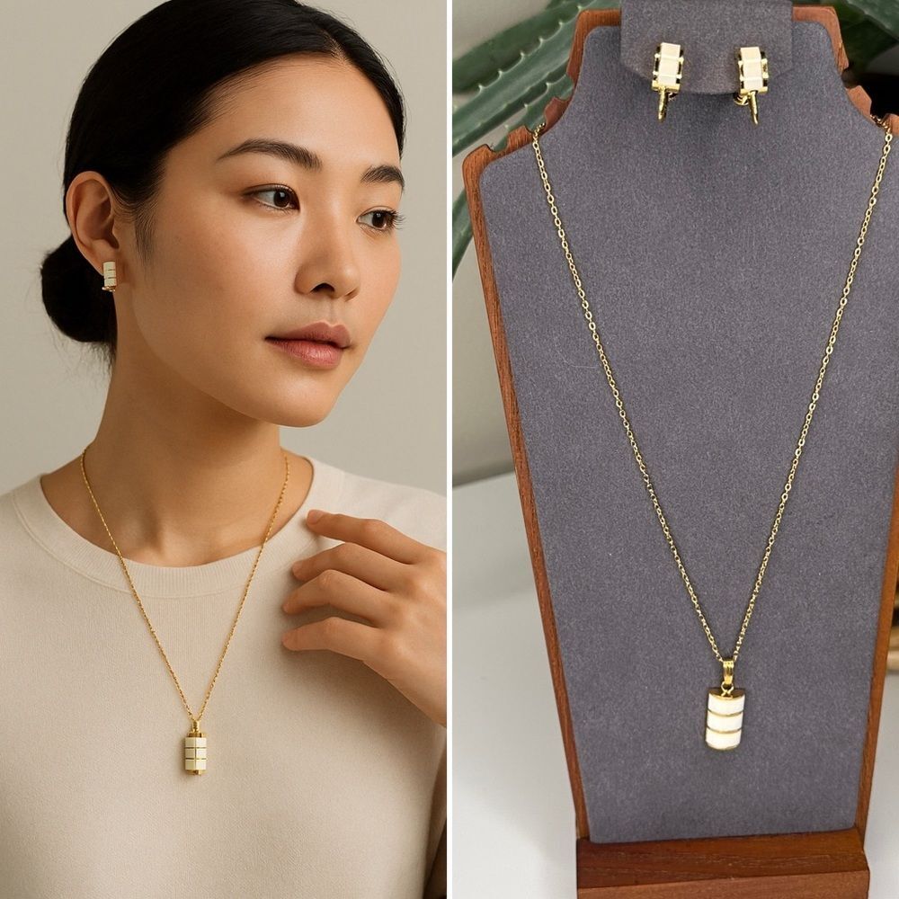 RARE Vtg Japanese Horn Inlay Jewelry Set Gold Tone Necklace Clip-On Earrings 60s